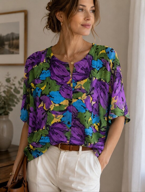 Source Unknown Tops - Vintage! 90s 100% Rayon Abstract Floral Button Front Blouse, Ptp 25"